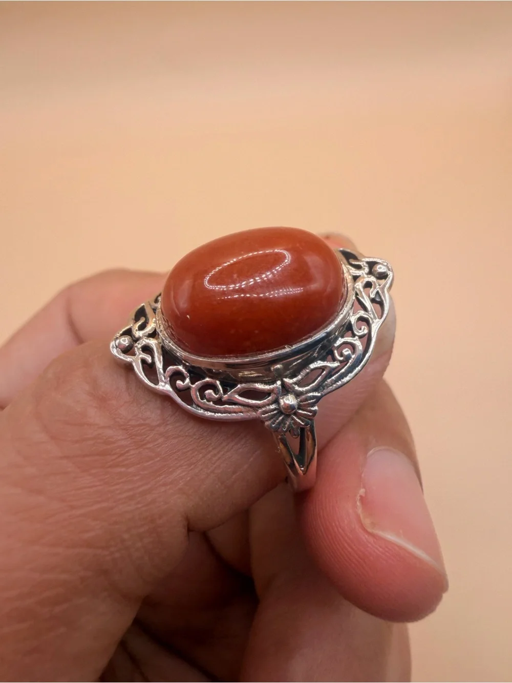 925 Sterling Silver Orange Jade Ring Size 10.5.
